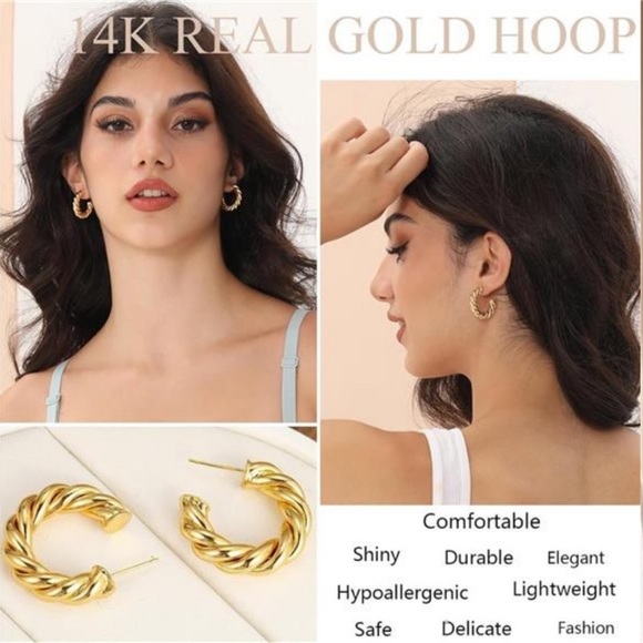 9 Pairs Gold Hoop Earr, 14K Gold Plated Lightweight Chunky Twisted Hoop - Picture 3 of 9